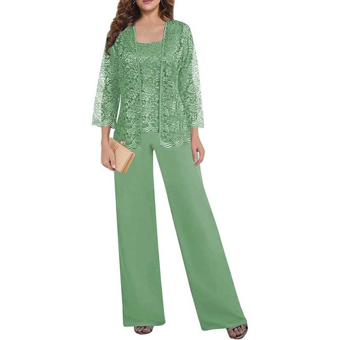 Mother of The Bride Pant Suits Square Neck lace Chiffon 3-Piece Wedding Guest Outfit