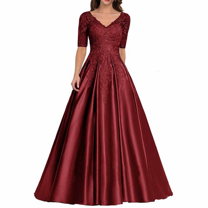 Elegant burgundy mother of the bride satin dress with short sleeves and lace detailing
