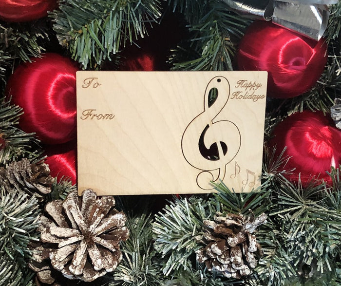Music note holiday card — card with pop-out wood music note ornament, made in USA