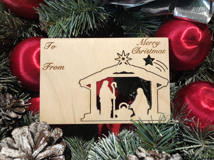 Nativity holiday card — card with pop-out wood nativity ornament, made in USA