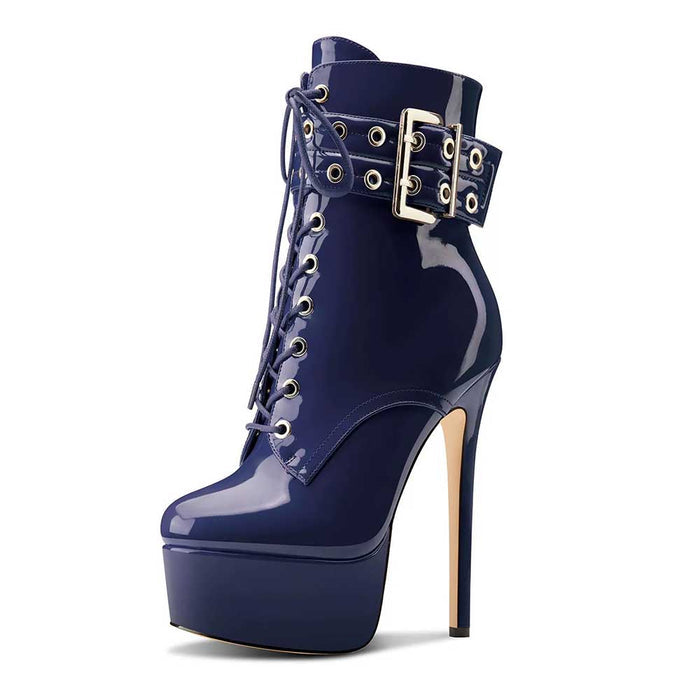 Navy Blue Round Toe Lace Up Ankle Boots Platform Pumps Party Boots