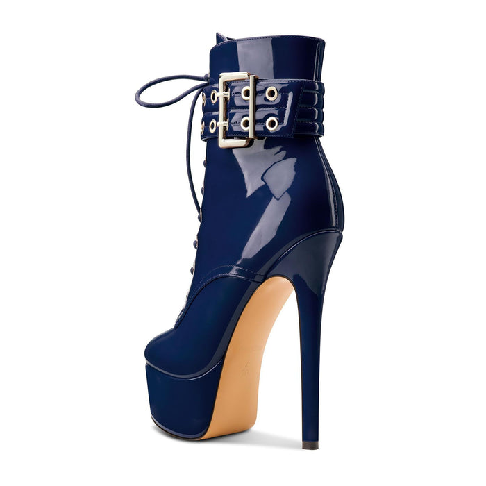 Navy Blue Round Toe Lace Up Ankle Boots Platform Pumps Party Boots