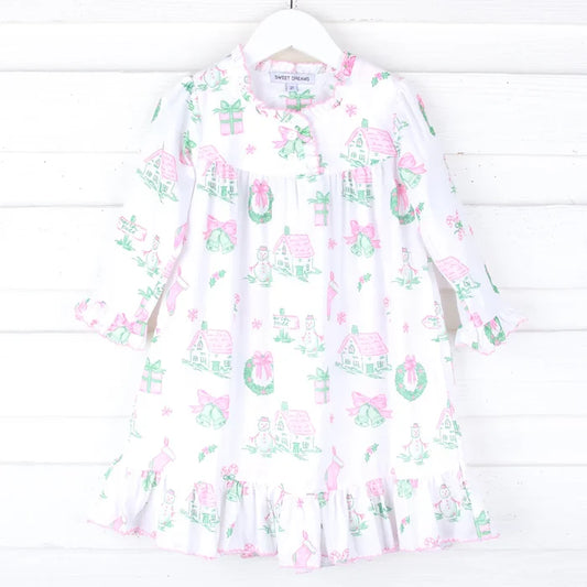 Nightgown - Pink and Green Christmas Toile