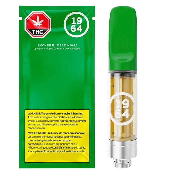 NY Lemon Diesel FSE Resin Vape Cartridge with a black and yellow label, angled against a dark background.