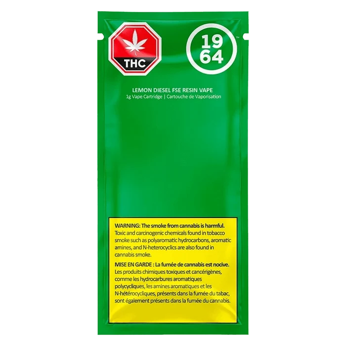 NY Lemon Diesel FSE Resin Vape Cartridge shown with a warning about toxins and the number 64 on a yellow background.