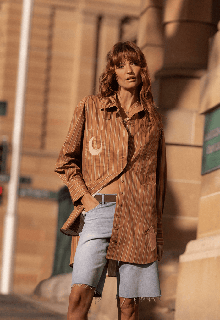 Spell women's Off Duty Shirt in Caramel Cafe organic cotton stripe with moon applique, oversized fit
