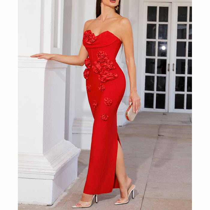 Off Shoulder Body-con Midi Dress With Flower Appliques