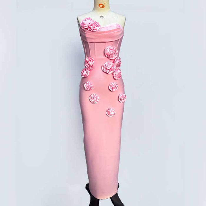 Off Shoulder Body-con Midi Dress With Flower Appliques