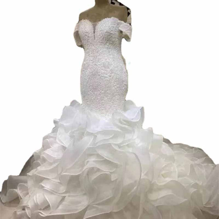 Off Shoulder Bridal Ball Gown Sleeves Mermaid Wedding Dresses with Ruffles Train