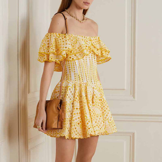 Off Shoulder Embroidered Ruffled Mini Dress