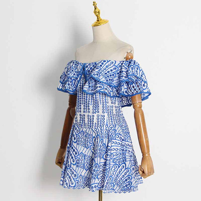 Off Shoulder Embroidered Ruffled Mini Dress