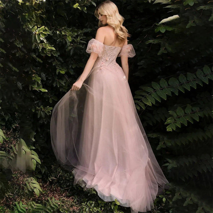 Off Shoulder Evening Gown with High Slit, Sweetheart Neckline Tulle Formal Dress