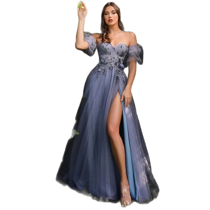 Off Shoulder Evening Gown with High Slit, Sweetheart Neckline Tulle Formal Dress