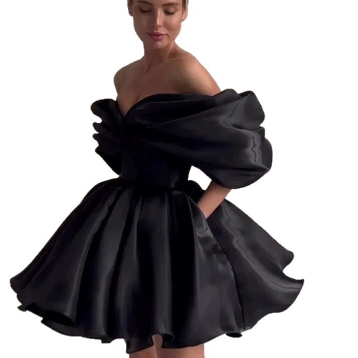 Off-Shoulder Puff Sleeve Mini Dress – Satin Cocktail Party Dress for Women | Bridal Shower, Wedding Guest, Date Night, Formal Event