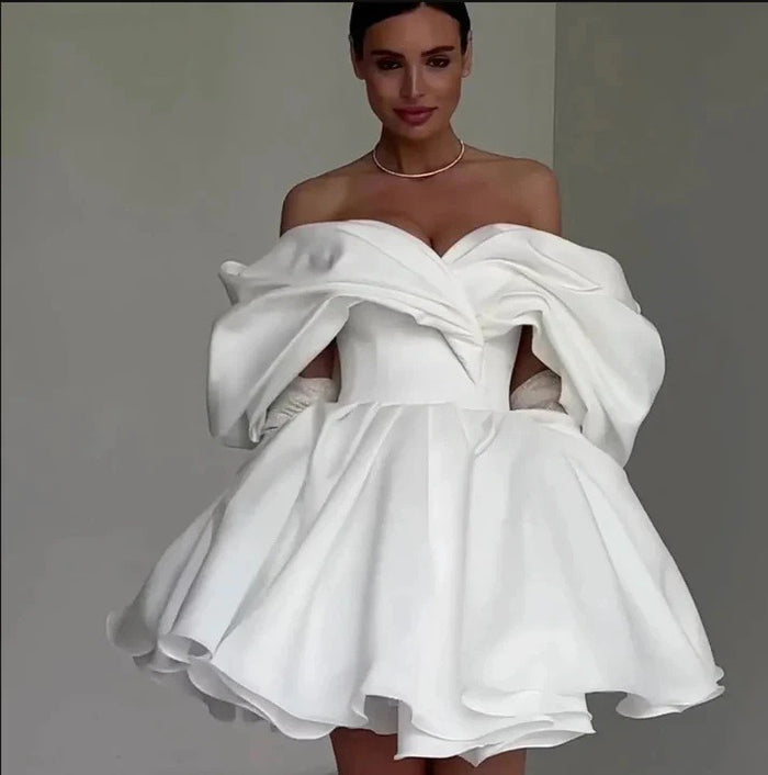 Off-Shoulder Puff Sleeve Mini Dress – Satin Cocktail Party Dress for Women | Bridal Shower, Wedding Guest, Date Night, Formal Event