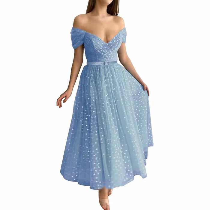 Off Shoulder Tulle Homecomng Dress Tea Length Formal Dress Party Gowns with Belt