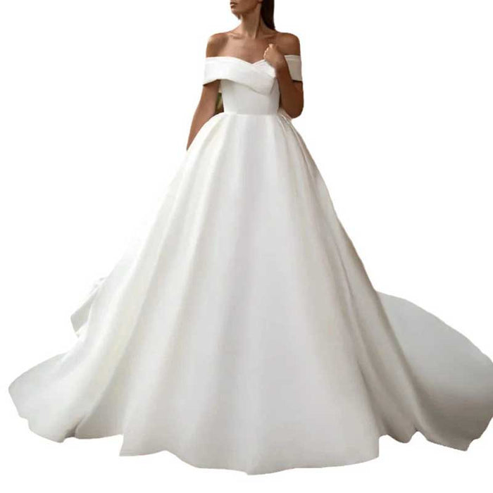 Off The Shoulder Wedding Dress Palace Ball Gown A line Satin Bridal Dress With Tail