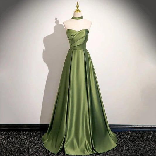 Olive Green Satin Corset Gown | Off-Shoulder Formal Dress with Detachable Neck Scarf Evening Gown