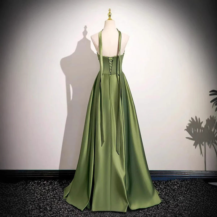 Olive Green Satin Corset Gown | Off-Shoulder Formal Dress with Detachable Neck Scarf Evening Gown