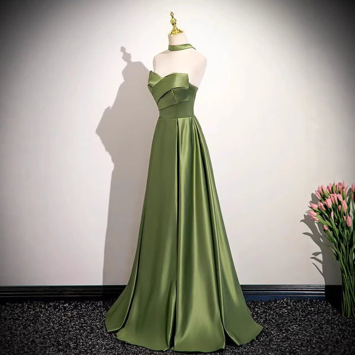 Olive Green Satin Corset Gown | Off-Shoulder Formal Dress with Detachable Neck Scarf Evening Gown