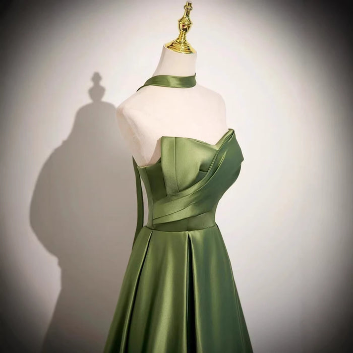 Olive Green Satin Corset Gown | Off-Shoulder Formal Dress with Detachable Neck Scarf Evening Gown