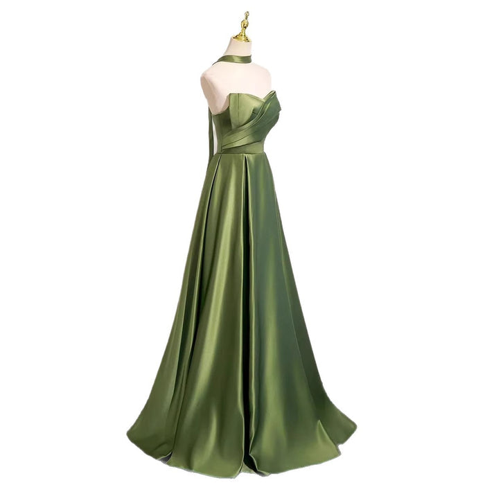 Olive Green Satin Corset Gown | Off-Shoulder Formal Dress with Detachable Neck Scarf Evening Gown