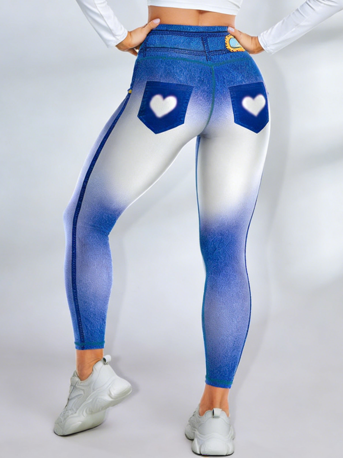Ombre Faux Denim Pocket Heart Print Leggings