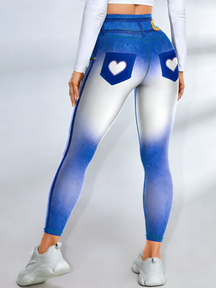 Ombre Faux Denim Pocket Heart Print Leggings