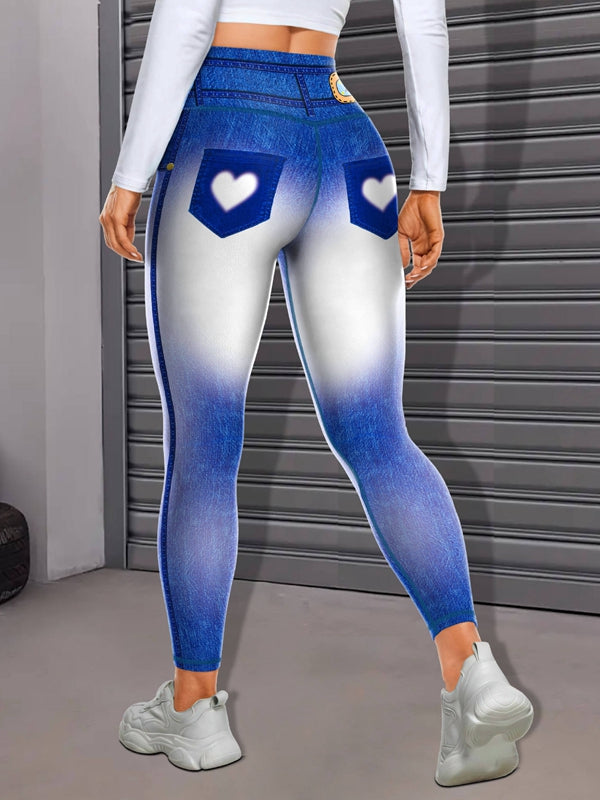 Ombre Faux Denim Pocket Heart Print Leggings