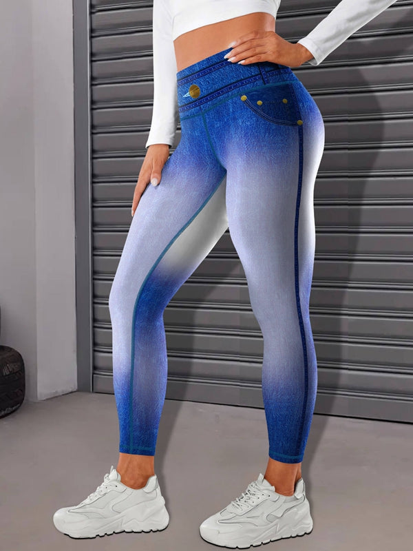 Ombre Faux Denim Pocket Heart Print Leggings