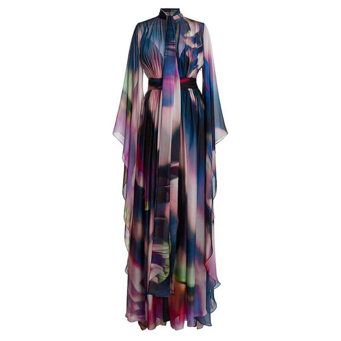 Ombre Printed Cape Gown in Purple Long Dress