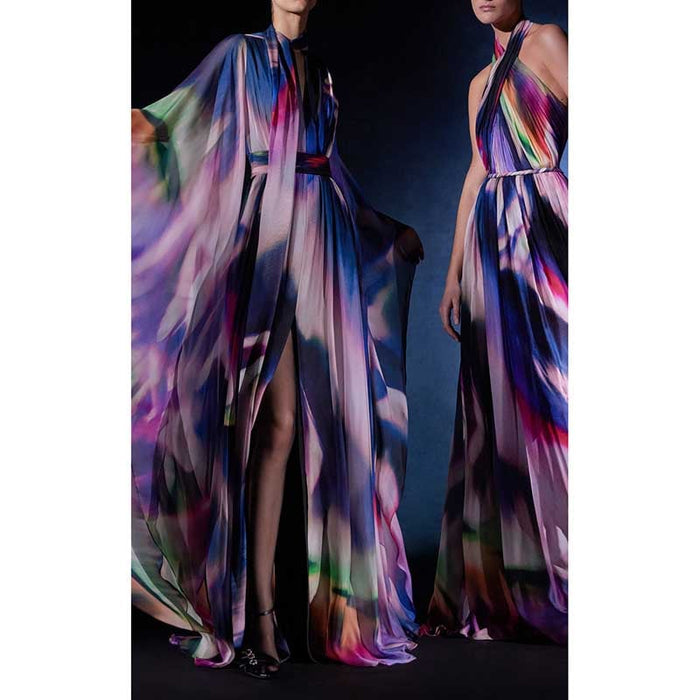 Ombre Printed Cape Gown in Purple Long Dress
