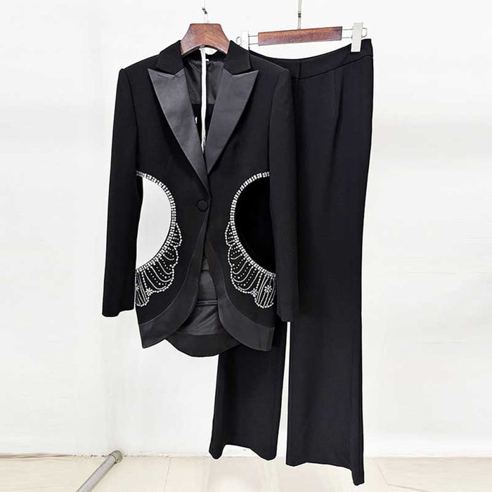 One Button Black Cut-out Embellished Blazer Pants Set Trousers Suit Pantsuit