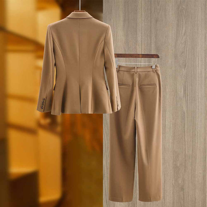 One Button Borwn Pantsuit Fitted Blazer + Mid-High Rise Trousers Pantsuit Suit Formal Wear