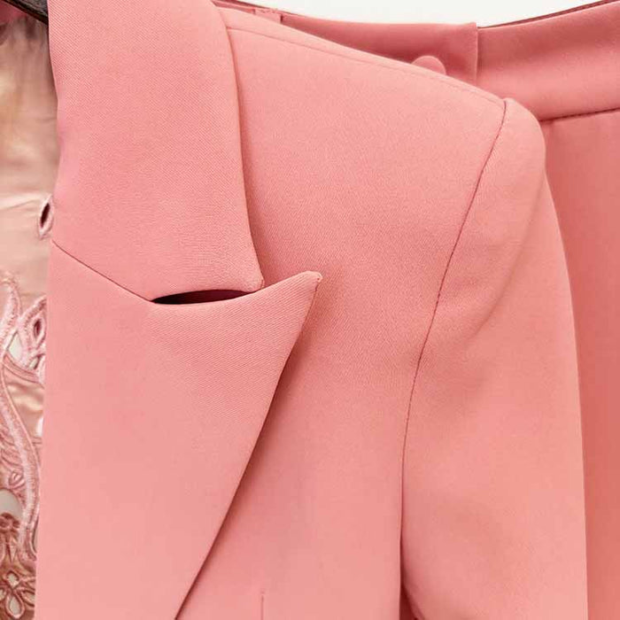 One Button Coral Pantsuit Back Hollow Out Embroidered Formal Suit