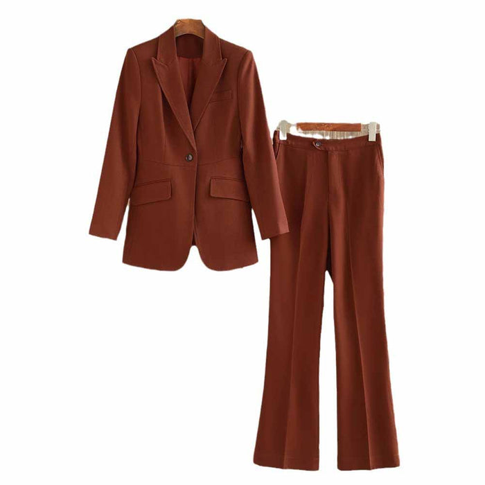 One Button Rust Brown Pantsuit Fitted Blazer + Mid-High Rise Trousers Pantsuit Suit Formal Wear