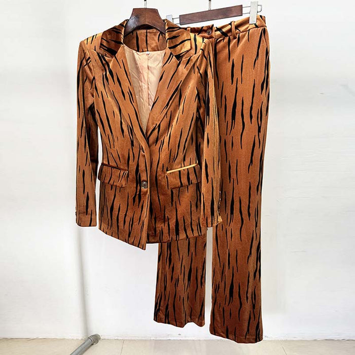 Stylish one button velvet pantsuit for women in a bold tiger print design, perfect for fashion-forward occasions