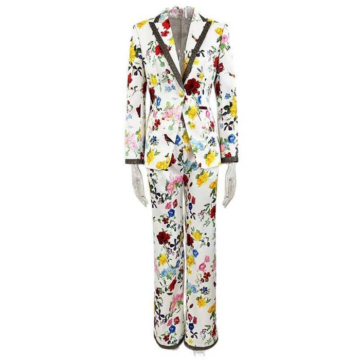 One Button White Floral Printed Suit Fitted Blazer Suit Pants Suit