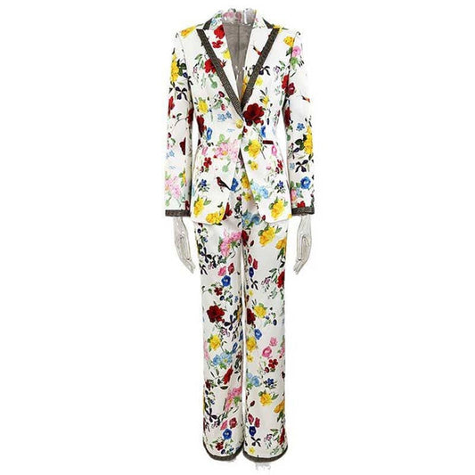 One Button White Floral Printed Suit Fitted Blazer Suit Pants Suit