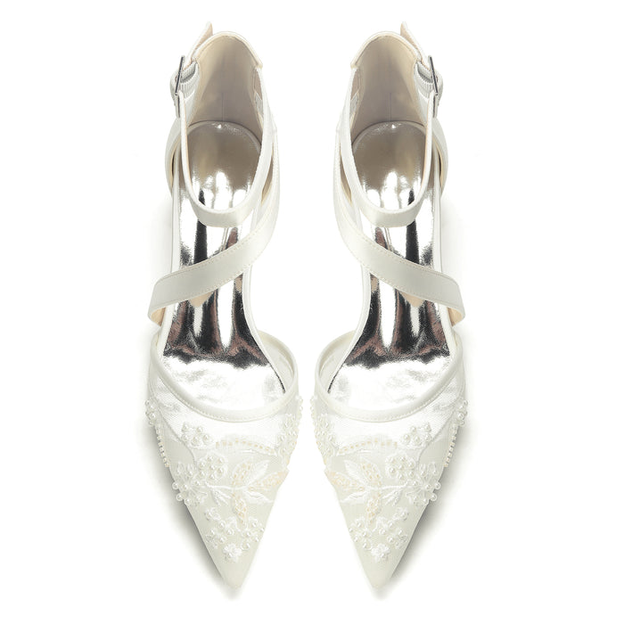 One-Cross Chunky Heel Lace Wedding Shoes