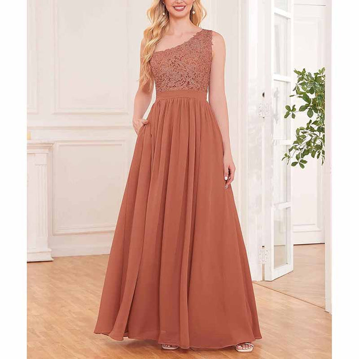 One Shoulder Bridesmaid Dresses Long for Wedding with Pockets Lace Bodice A-Line Chiffon Formal Party Gown