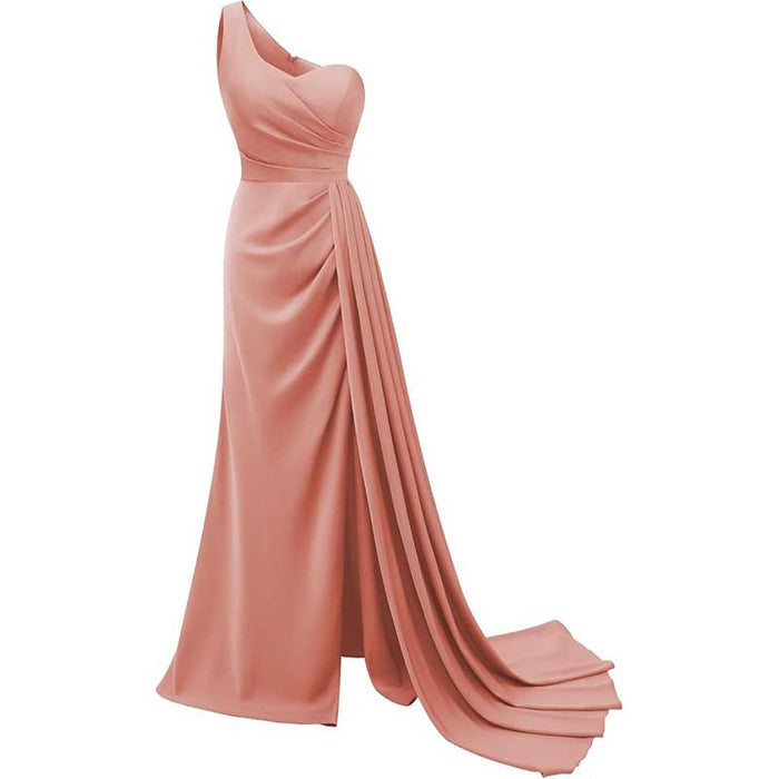 One Shoulder Mermaid Bridesmaid Dresses with Slit Long Ruched Satin Prom Dresses