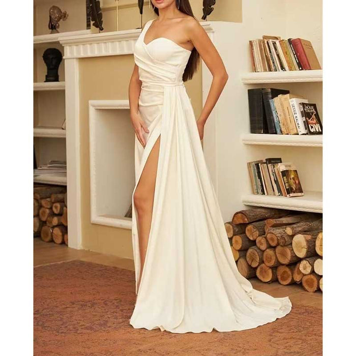 One Shoulder Mermaid Bridesmaid Dresses with Slit Long Ruched Satin Prom Dresses