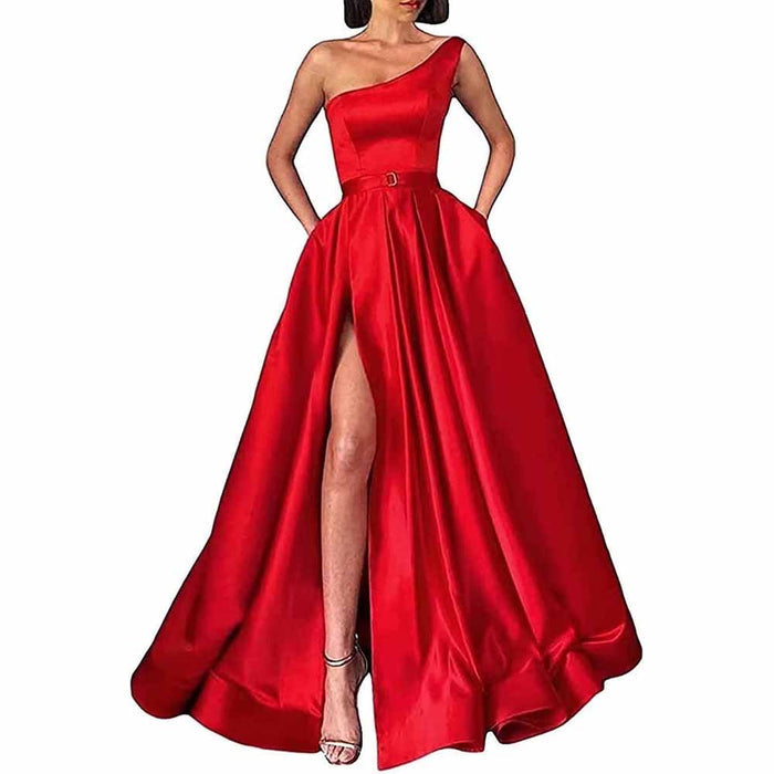 One Shoulder Prom Gown Satin Long Prom Dresses High Split Wedding Party Gowns