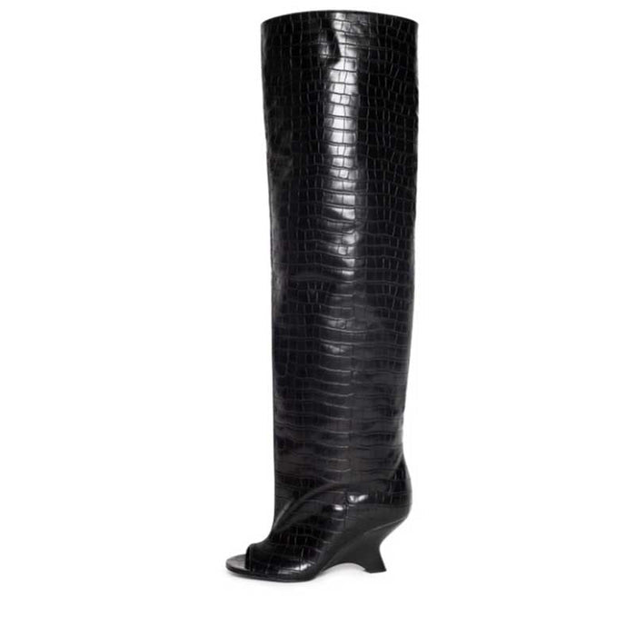 Stylish open toe suede boots for women in a sleek black design with a high shaft and wedge heel