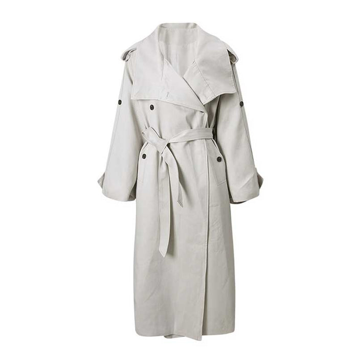 Stylish oversize women's trench coat in light gray with a belted waist and wide collar