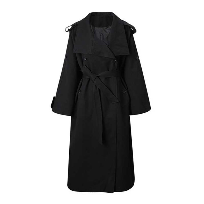 Black oversized women's trench coat with a belted waist and stylish design for a chic look