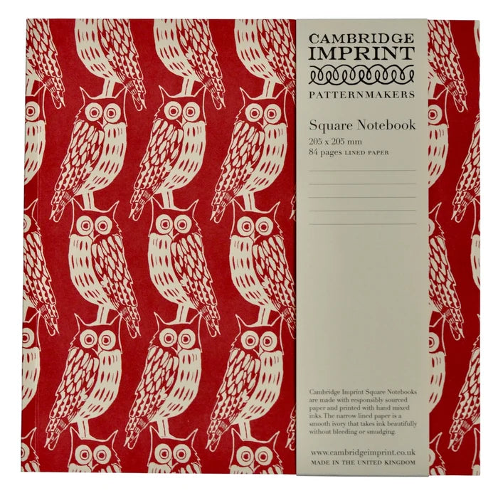 Square notebook with owl pattern on a red background, featuring Cambridge Imprint branding.