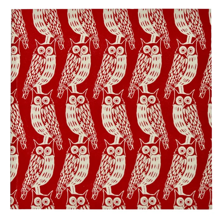 Back cover of the notebook showing white owls on a red background
