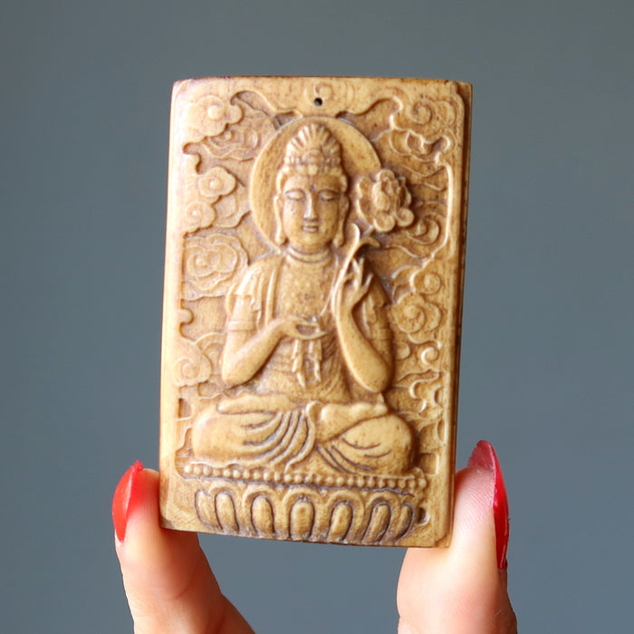 Ox Bone Fossil Pendant Spiritual Buddha Lotus Flower Amulet